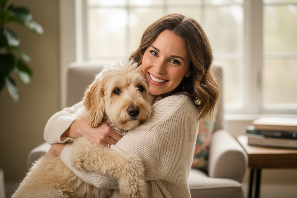Potrait einer Frau mit Hund auf dem Arm